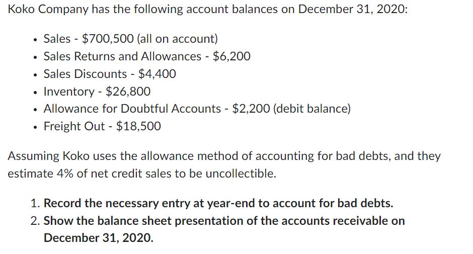 Koko Company has the following account balances on December 31, 2020: Sales $700,500 (all on account) Sales