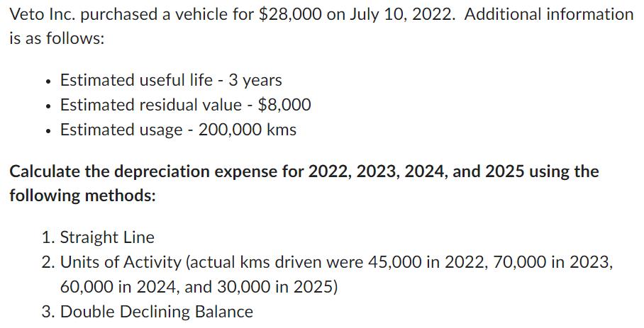 Veto Inc. purchased a vehicle for $28,000 on July 10, 2022. Additional information is as follows:  Estimated