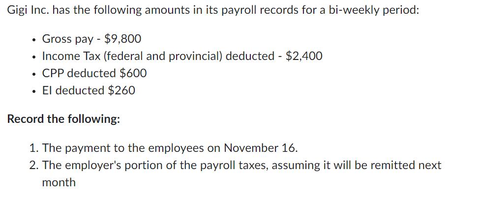 Gigi Inc. has the following amounts in its payroll records for a bi-weekly period: Gross pay $9,800 Income