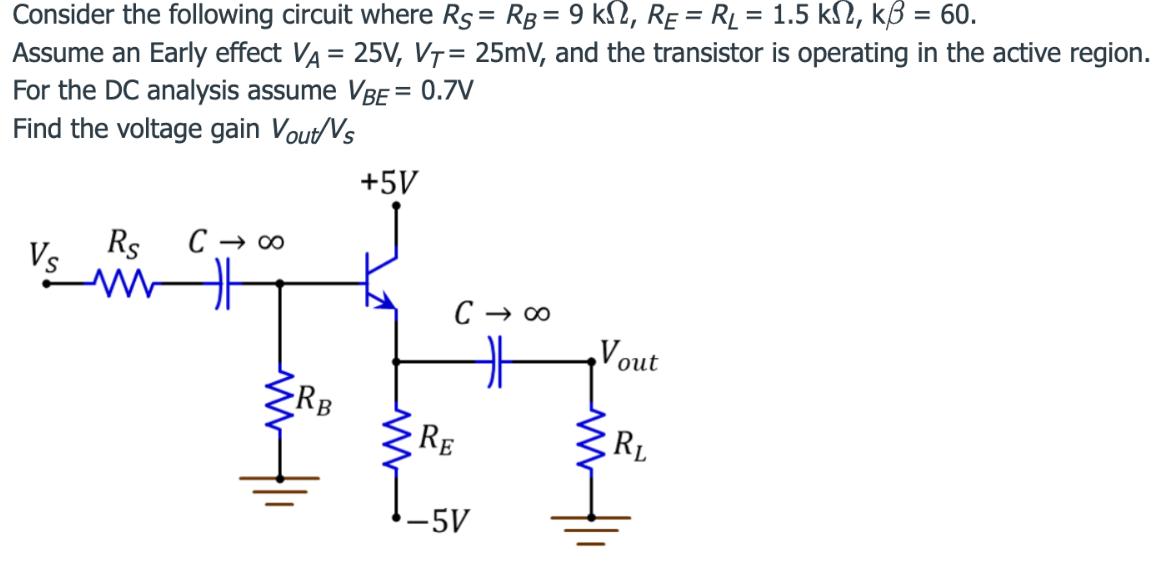 Consider the following circuit where Rs = RB = 9 k2, RE = RL = 1.5 KM, kB = 60. Assume an Early effect VA =