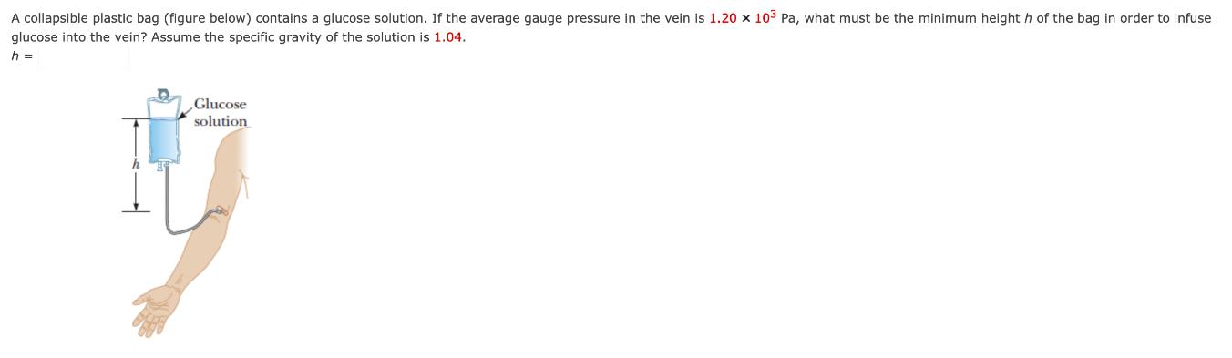A collapsible plastic bag (figure below) contains a glucose solution. If the average gauge pressure in the