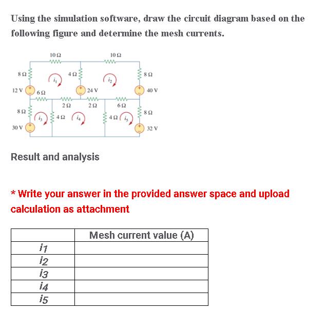Using the simulation software, draw the circuit diagram based on the following figure and determine the mesh