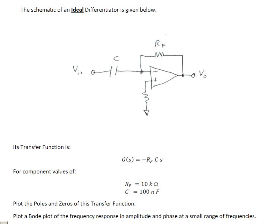 The schematic of an Ideal Differentiator is given below. Its Transfer Function is: V For component values of:
