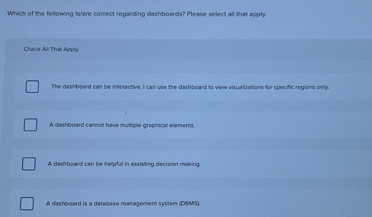 Which of the following is/are correct regarding dashboards? Please select all that apply. Check All That