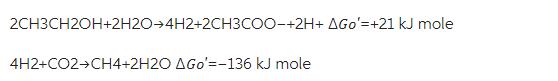 2CH3CH2OH+2H20-4H2+2CH3COO-+2H+ AGo'=+21 kJ mole 4H2+CO2+CH4+2H2O AGo'=-136 kJ mole