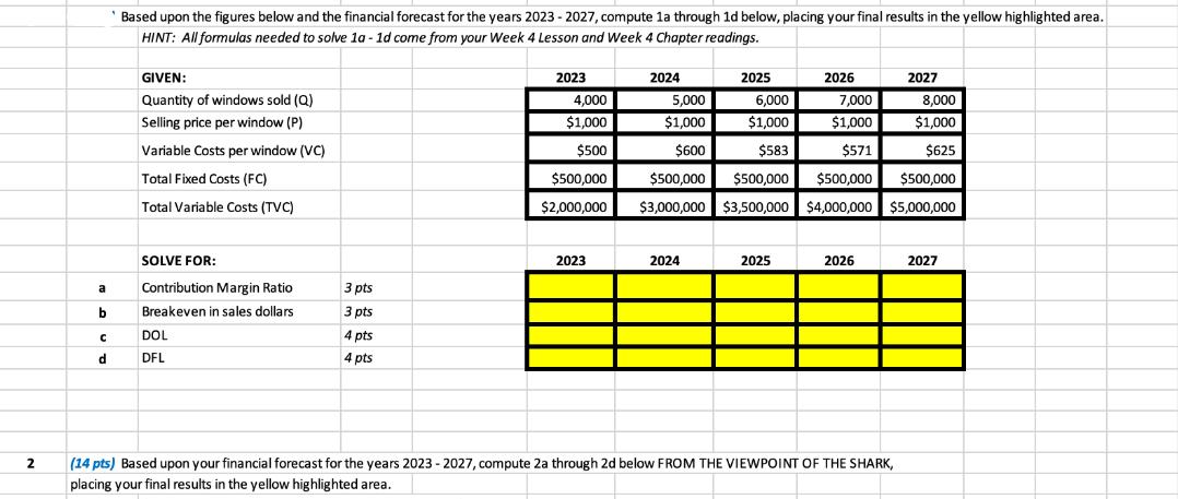 2 a b  d Based upon the figures below and the financial forecast for the years 2023 2027, compute 1a through