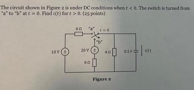 The circuit shown in Figure 2 is under DC conditions when t <0. The switch is turned from 