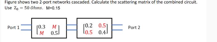 Figure shows two 2-port networks cascaded. Calculate the scattering matrix of the combined circuit. Use Zo 50
