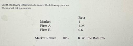 Use the following information to answer the following question. The market risk premium is Market Firm A Firm