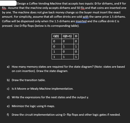 Design a Coffee Vending Machine that accepts two inputs: D for dirhams, and F for fils. Assume that the