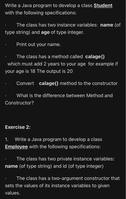 Write a Java program to develop a class Student with the following specifications: The class has two instance
