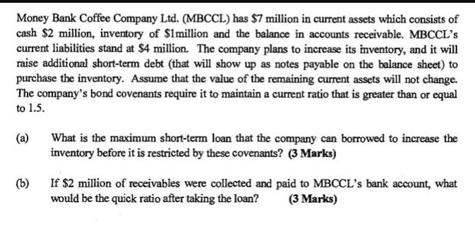 Money Bank Coffee Company Ltd. (MBCCL) has $7 million in current assets which consists of cash $2 million,