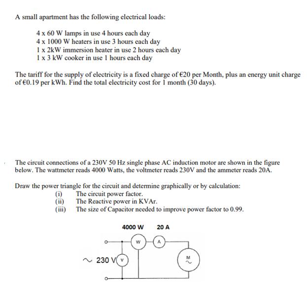 A small apartment has the following electrical loads: 4 x 60 W lamps in use 4 hours each day 4 x 1000 W