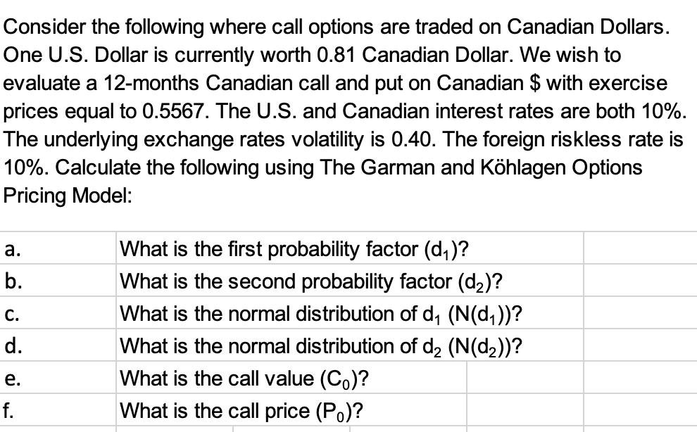 Consider the following where call options are traded on Canadian Dollars. One U.S. Dollar is currently worth