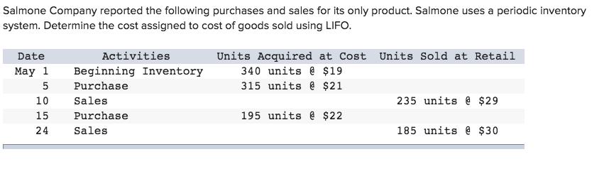 Salmone Company reported the following purchases and sales for its only product. Salmone uses a periodic