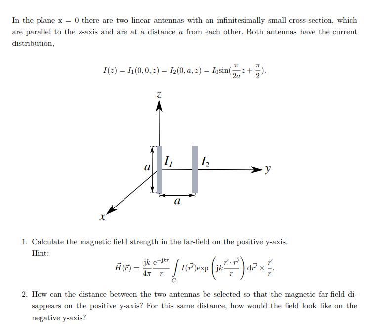 In the plane x = 0 there are two linear antennas with an infinitesimally small cross-section, which are