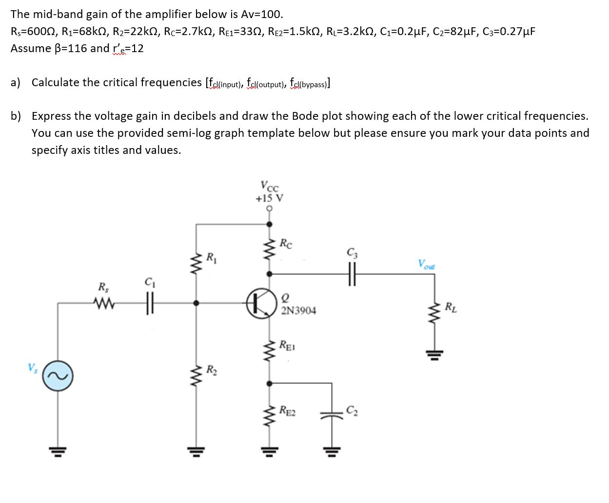 The mid-band gain of the amplifier below is Av=100. Rs=6000, R-68kN, R=22kN, Rc=2.7kQ, R1=330, RE2=1.5k,