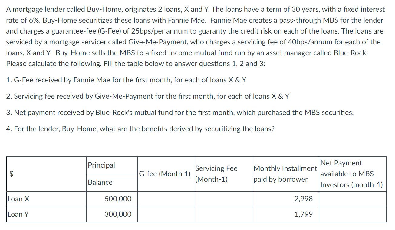 A mortgage lender called Buy-Home, originates 2 loans, X and Y. The loans have a term of 30 years, with a