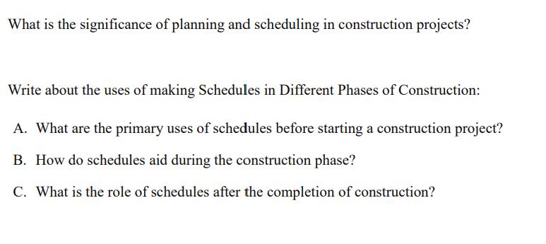 What is the significance of planning and scheduling in construction projects? Write about the uses of making