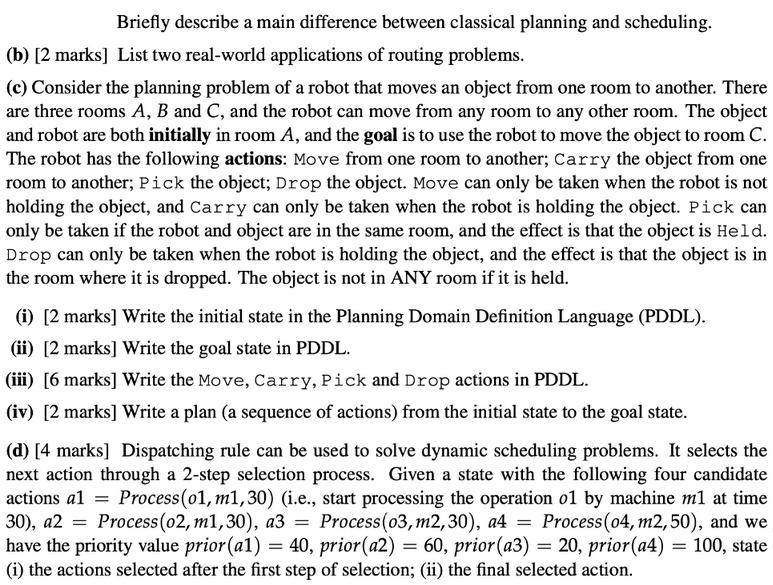 Briefly describe a main difference between classical planning and scheduling. (b) [2 marks] List two