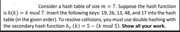 Consider a hash table of size m = 7. Suppose the hash function is h(k)= k mod 7. Insert the following keys: