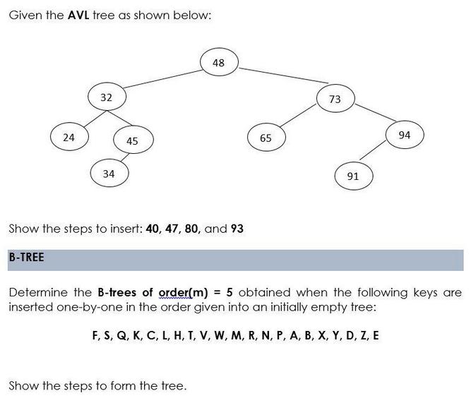 Given the AVL tree as shown below: 24 32 34 45 48 Show the steps to insert: 40, 47, 80, and 93 B-TREE Show