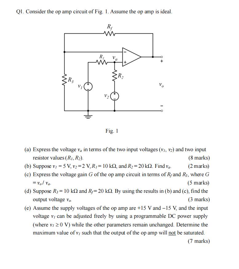 Q1. Consider the op amp circuit of Fig. 1. Assume the op amp is ideal. R www www R3 VI R M V2 Va + R Fig. 1