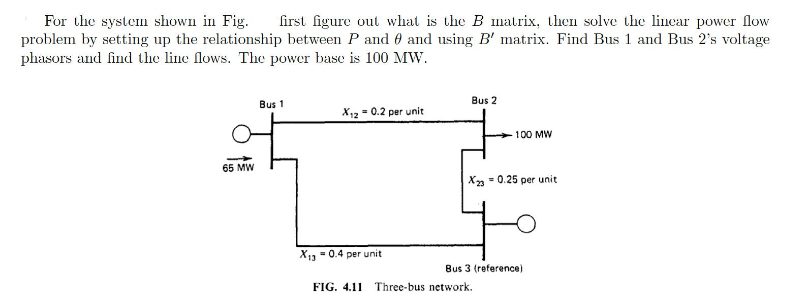 For the system shown in Fig. first figure out what is the B matrix, then solve the linear power flow problem