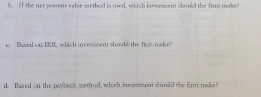 b. If the net present value method is used, which investment should the firm make? c. Based on IRR, which