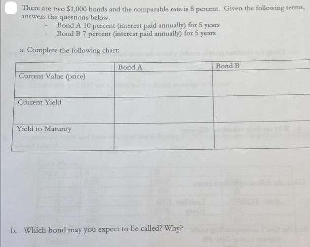 There are two $1,000 bonds and the comparable rate is 8 percent. Given the following terms, answers the