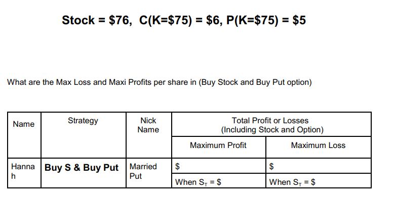 Stock = $76, C(K=$75) = $6, P(K=$75) = $5 What are the Max Loss and Maxi Profits per share in (Buy Stock and