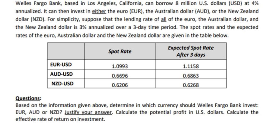 Welles Fargo Bank, based in Los Angeles, California, can borrow 8 million U.S. dollars (USD) at 4%