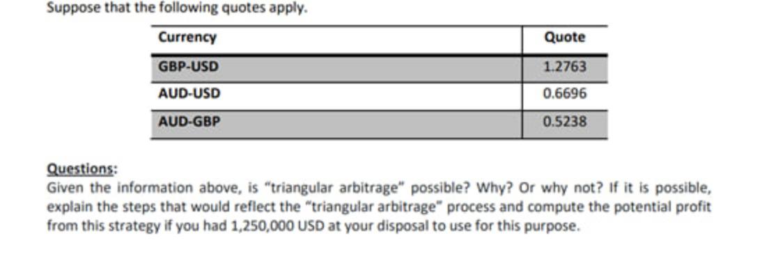 Suppose that the following quotes apply. Currency GBP-USD AUD-USD AUD-GBP Quote 1.2763 0.6696 0.5238
