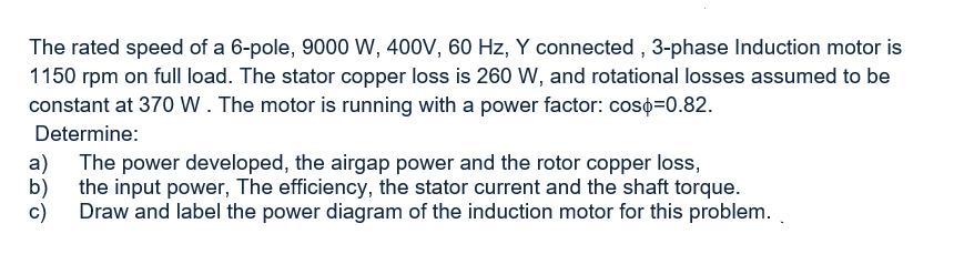 The rated speed of a 6-pole, 9000 W, 400V, 60 Hz, Y connected, 3-phase Induction motor is 1150 rpm on full