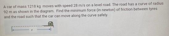 A car of mass 1218 kg moves with speed 28 m/s on a level road. The road has a curve of radius 92 m as shown