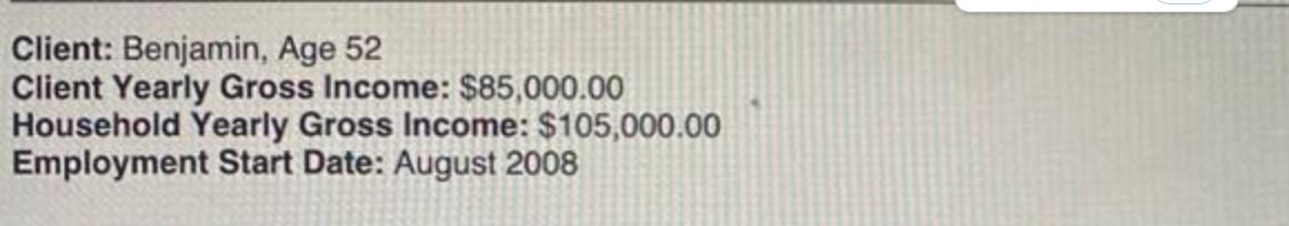 Client: Benjamin, Age 52 Client Yearly Gross Income: $85,000.00 Household Yearly Gross Income: $105,000.00