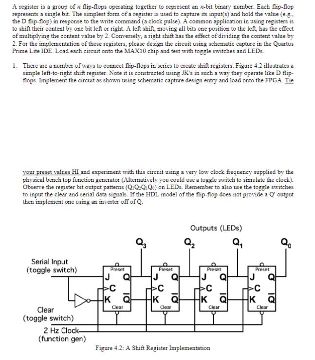 A register is a group of n flip-flops operating together to represent an x-bit binary number. Each flip-flop
