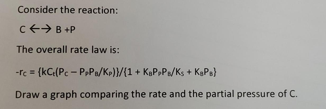 Consider the reaction: C  B +P The overall rate law is: -rc = {kCt(Pc - PPPB/KP)}/{1+ KBPPPB/KS + KBPB} Draw