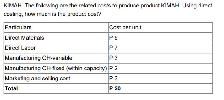 KIMAH. The following are the related costs to produce product KIMAH. Using direct costing, how much is the