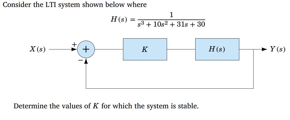 Consider the LTI system shown below where H (s) X (s) + = 1 s3 + 10s2 + 31s + 30 K Determine the values of K