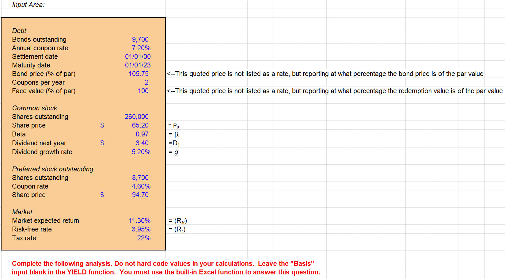 Input Area: Debt Bonds outstanding Annual coupon rate Settlement date Maturity date Bond price (% of par)