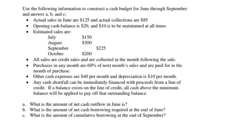 Use the following information to construct a cash budget for June through September and answer a, b, and c: 