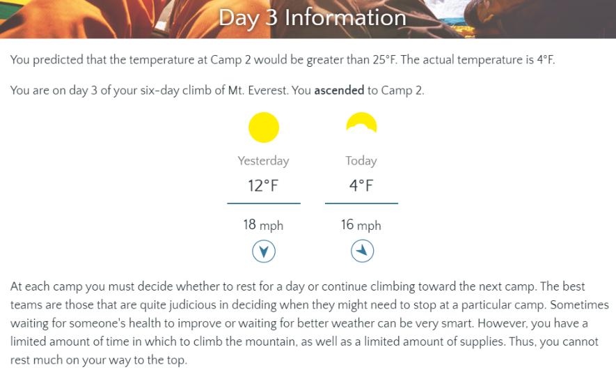 Day 3 Information You predicted that the temperature at Camp 2 would be greater than 25F. The actual