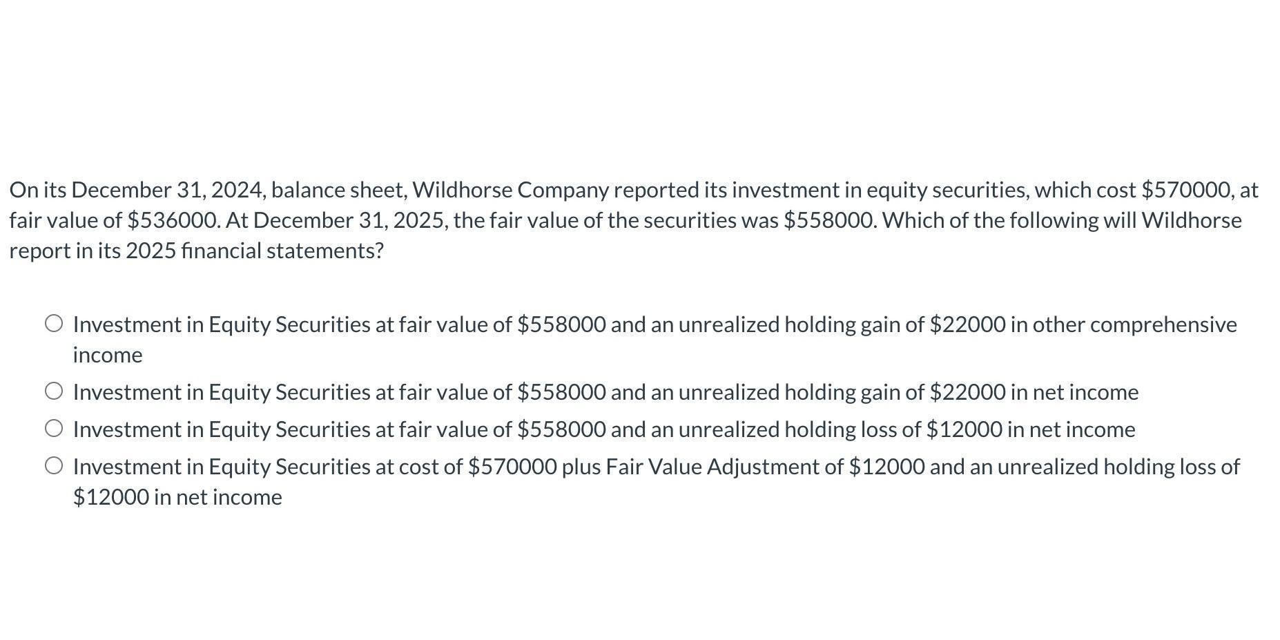 On its December 31, 2024, balance sheet, Wildhorse Company reported its investment in equity securities,