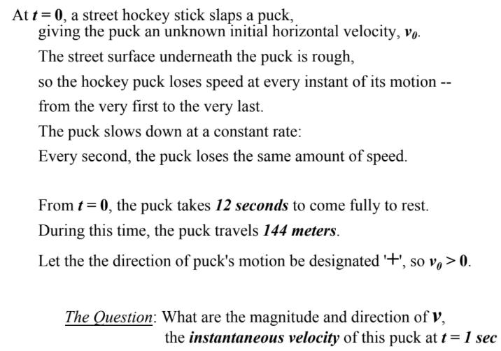 At t = 0, a street hockey stick slaps a puck, giving the puck an unknown initial horizontal velocity, vo. The