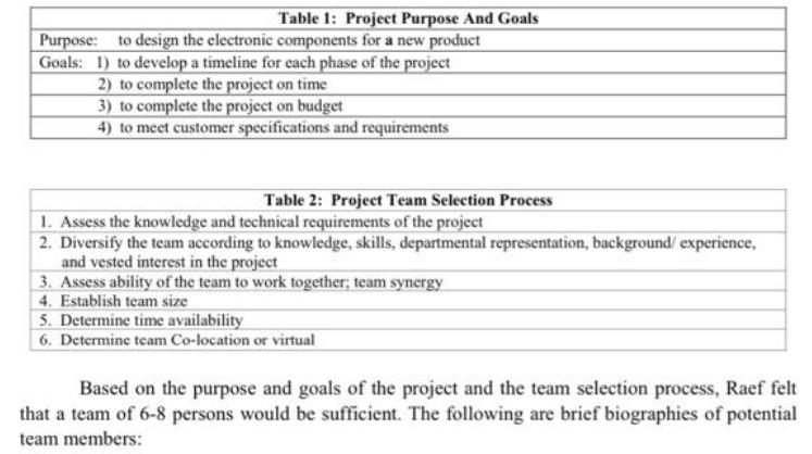 Table 1: Project Purpose And Goals Purpose: to design the electronic components for a new product Goals: 1)