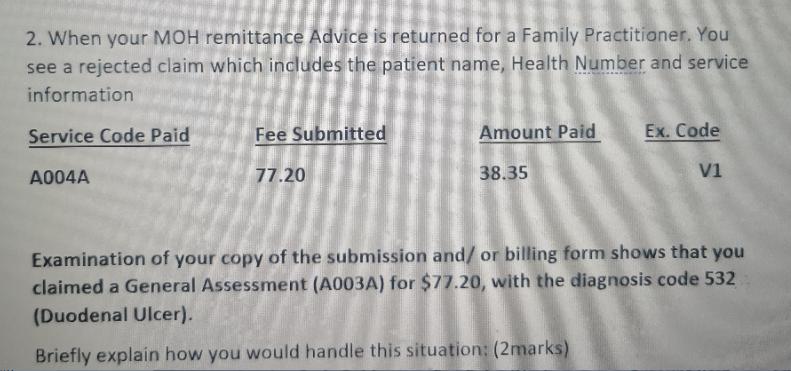 2. When your MOH remittance Advice is returned for a Family Practitioner. You see a rejected claim which