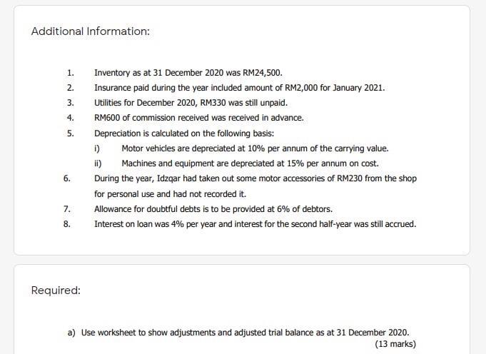 Additional Information: 1. 2. 3. 4. 5. 6. 7. 8. Required: Inventory as at 31 December 2020 was RM24,500.