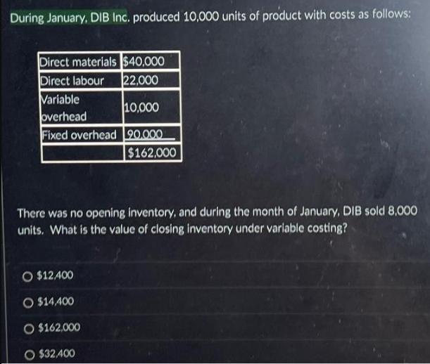 During January, DIB Inc. produced 10,000 units of product with costs as follows: Direct materials $40,000