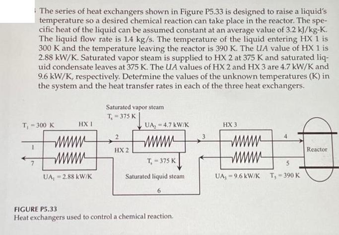 The series of heat exchangers shown in Figure P5.33 is designed to raise a liquid's temperature so a desired